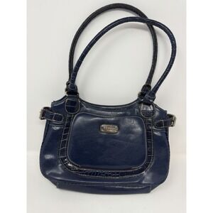 Rosetti Blue Leather Shoulder Bag Y2K Croc Trim Handbag Purse Buckle Detail